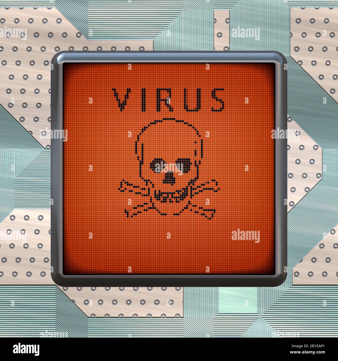 Computer graphic, circuito integrato con UN VIRUS di scritta con simbolo del cranio a morte Foto Stock