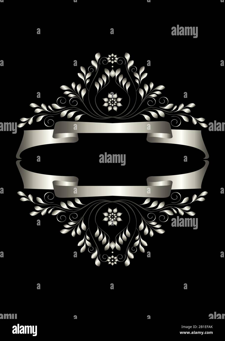 Cornice color argento con ornamento calligrafico e doppio nastro color oro Foto Stock