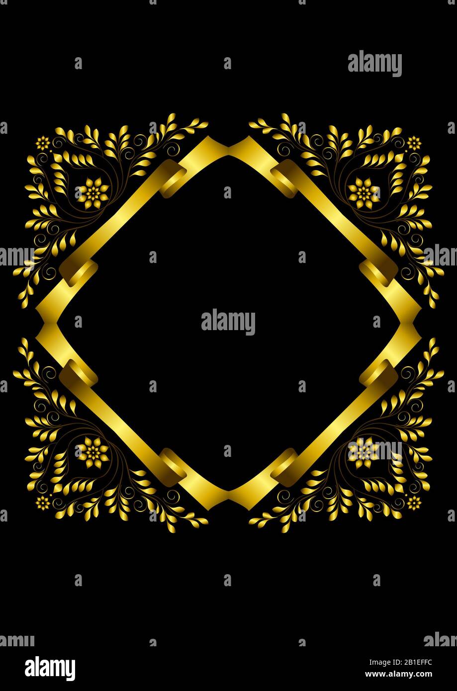 Piazza telaio oro raccolto da un nastro color oro con ornamento calligrafico Foto Stock