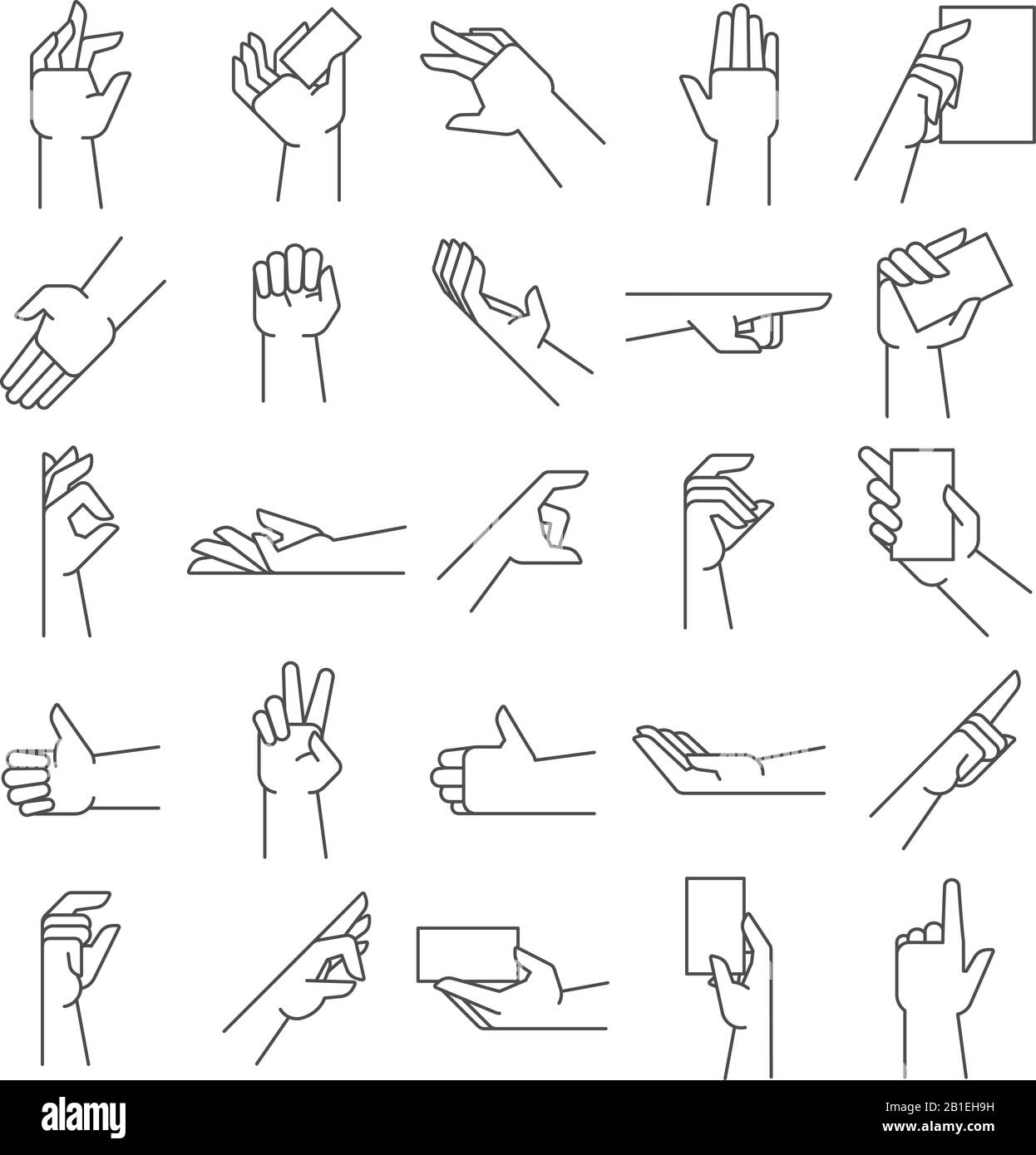 Gesti con le mani in linea. Gesto di puntamento, tenere le mani e simili insieme di illustrazioni del vettore icone Illustrazione Vettoriale