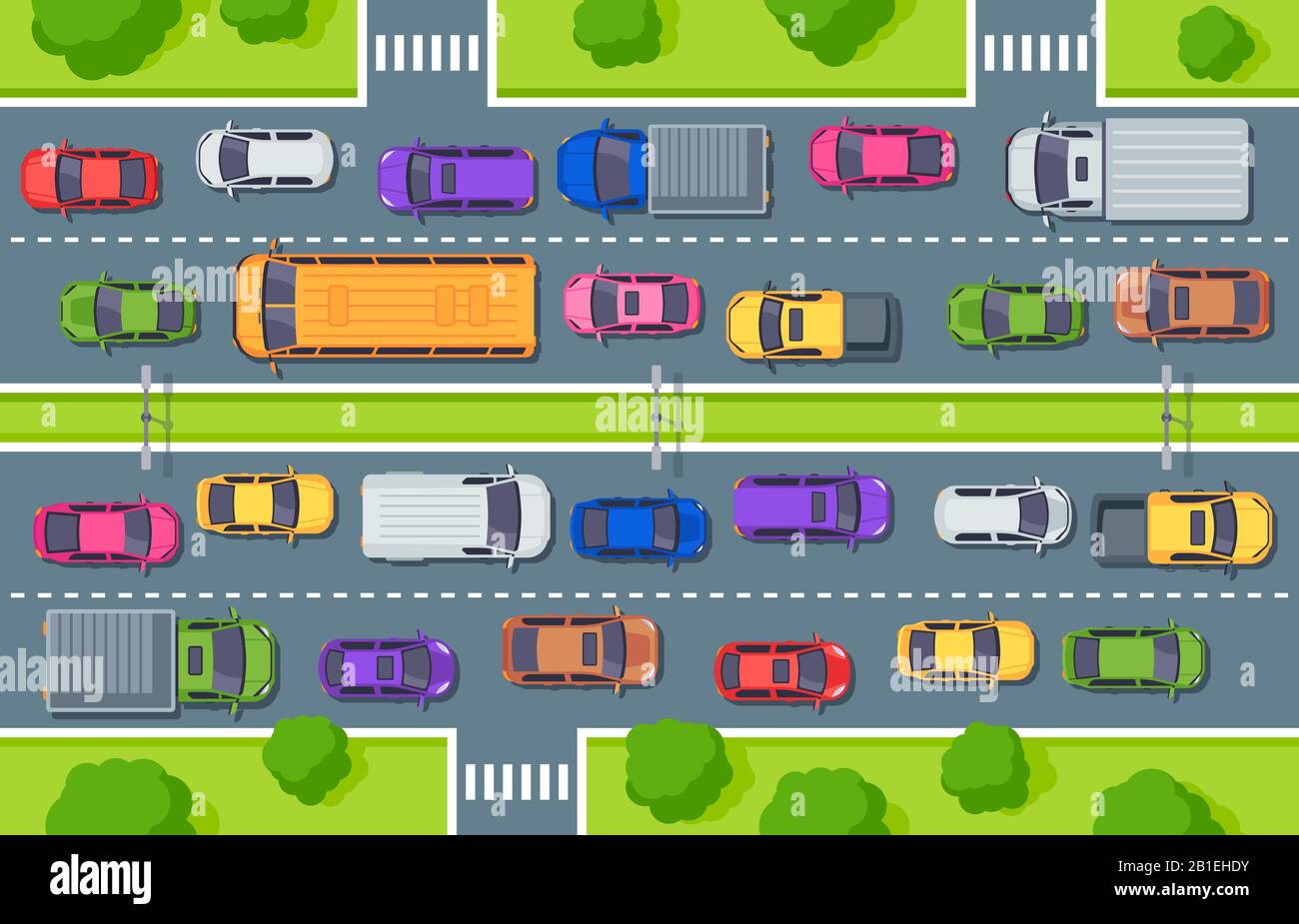 Ingorgo di traffico. Vista dall'alto dell'autostrada, illustrazione vettoriale dei veicoli stradali e di controllo del traffico automobilistico Illustrazione Vettoriale