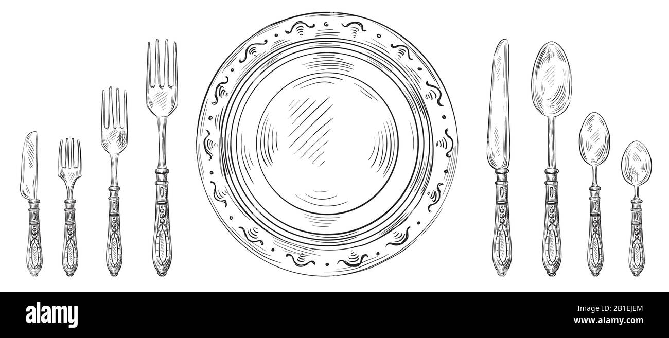 Impostazione tabella vintage. Coltello da cena disegnato a mano, piatto di schizzo e posate da incisione. Set di illustrazioni per forchetta da ristorante e cucchiaio Illustrazione Vettoriale