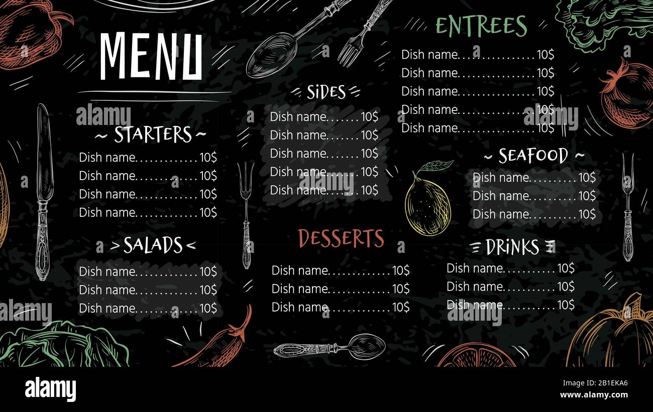 Menu del ristorante Vintage. Illustrazione di un modello vettoriale per il poster della cucina, menu da caffetteria e piatti disegnati a mano Illustrazione Vettoriale