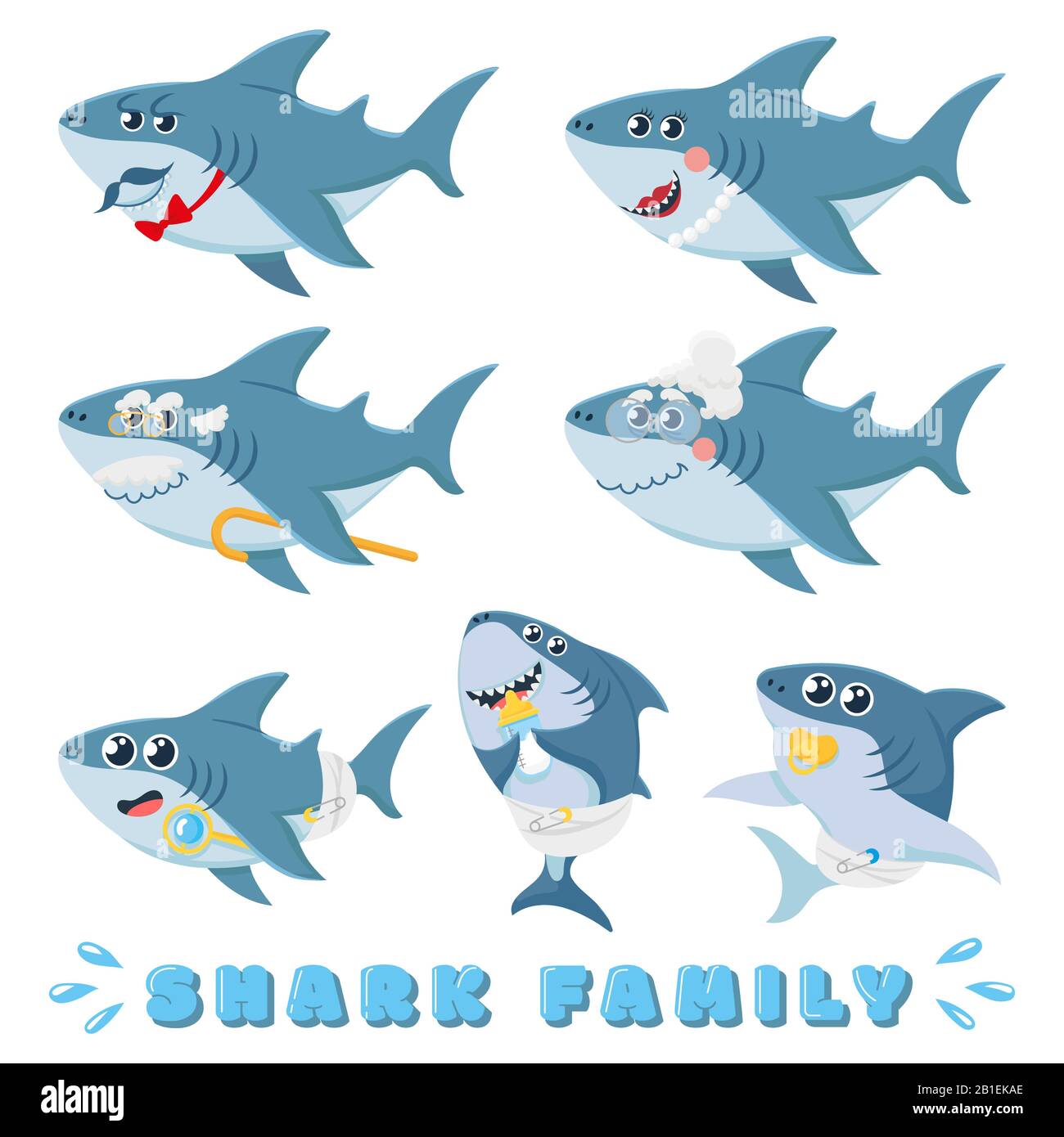 Famiglia di squali cartoni animati. Baby Shark neonato, padre marino comico e allegro squalo madre personaggi vettore illustrazione set Illustrazione Vettoriale