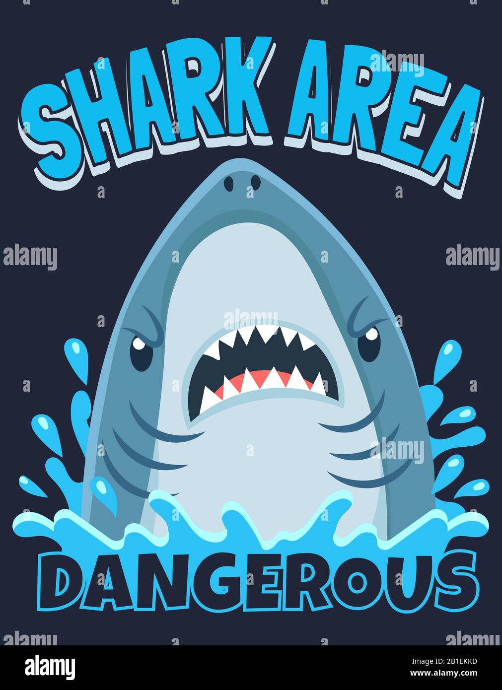 Poster della zona dello squalo. Attaccare squali, immersioni oceaniche e surf avvertimento cartone animato vettore illustrazione Illustrazione Vettoriale