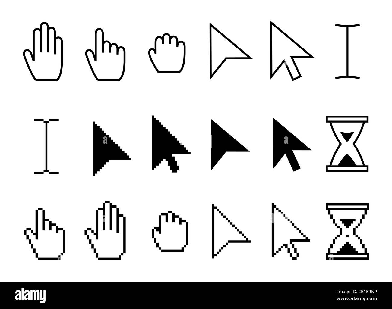 Icone cursore puntatore. Frecce Web cursori, clic con il mouse e afferrare la raccolta di vettori di icone pixel mano Illustrazione Vettoriale
