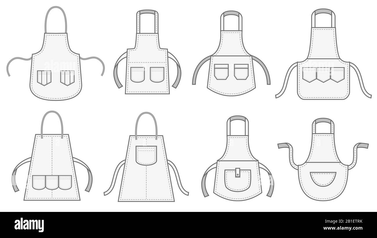 Grembiuli da cucina. Grembiule con tasca per la cucitura, uniforme da cucina bianca e set di illustrazioni vettoriali per la pulizia Illustrazione Vettoriale