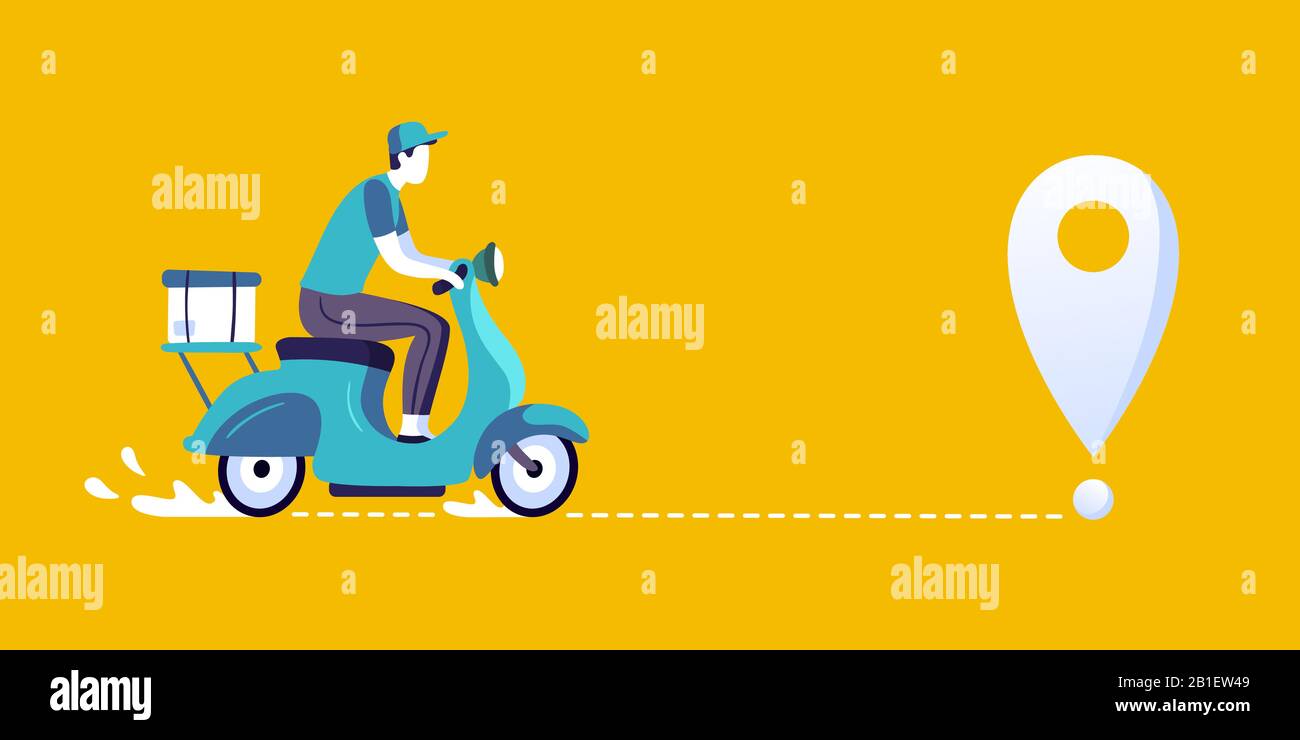 Uomo di consegna su scooter. Consegne di cibo corriere, consegna in bicicletta città e consegna strada vettore illustrazione Illustrazione Vettoriale