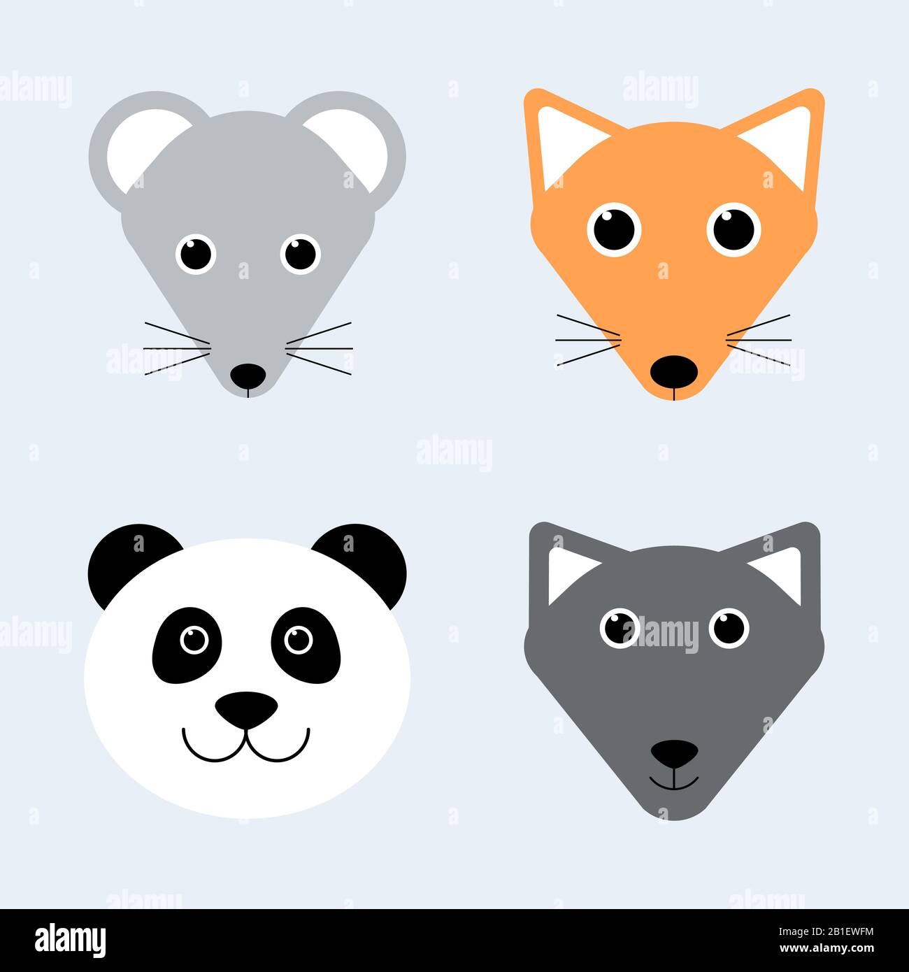 Animali carini. Facce di animali di cartone animato. Topo, volpe, panda, lupo. Illustrazioni vettoriali per t-shirt da bambino, stampa, poster, carta regalo Illustrazione Vettoriale