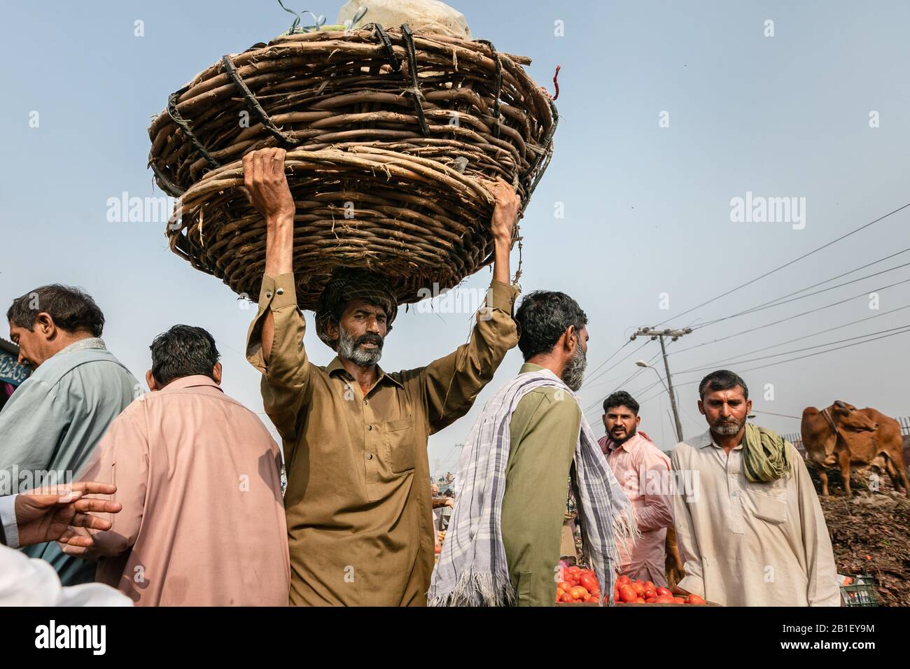 Lahore, Pakistan: Portatore del Punjab che trasporta il cesto al mercato all'ingrosso di verdure di Lahore Foto Stock