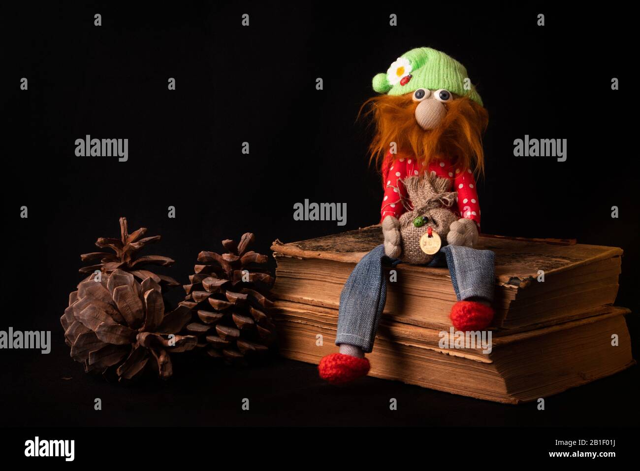 Divertente nana fiabesca con barba rossa sciaggica seduta su libri antichi, designer giocattolo morbido Foto Stock