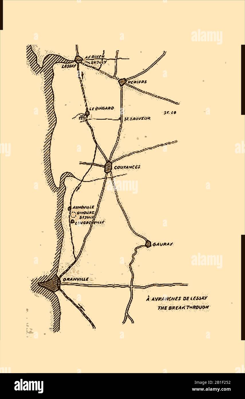 Mappa dello schizzo della battaglia della seconda Guerra Mondiale.Mappa dello schizzo della seconda Guerra Mondiale - la svolta ad Avranches de Lessay Foto Stock