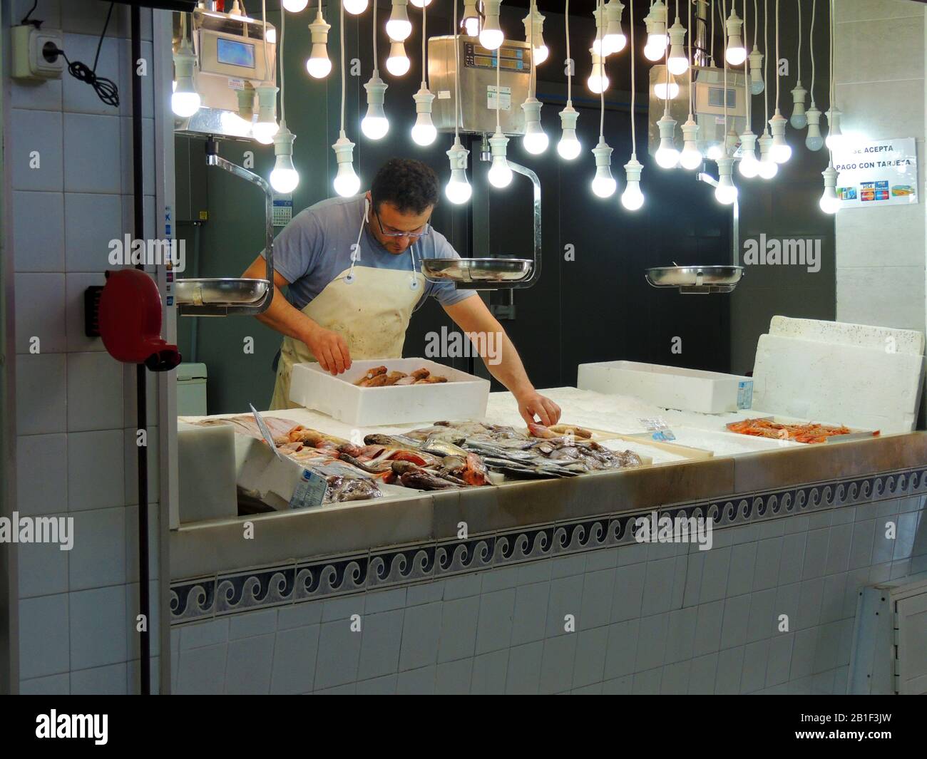 La Heradurra, Spagna 2017 - UN pescivendolo spagnolo (pescadero) lavora alla luce di più lampadine a risparmio energetico nel mercato cittadino. Foto Stock