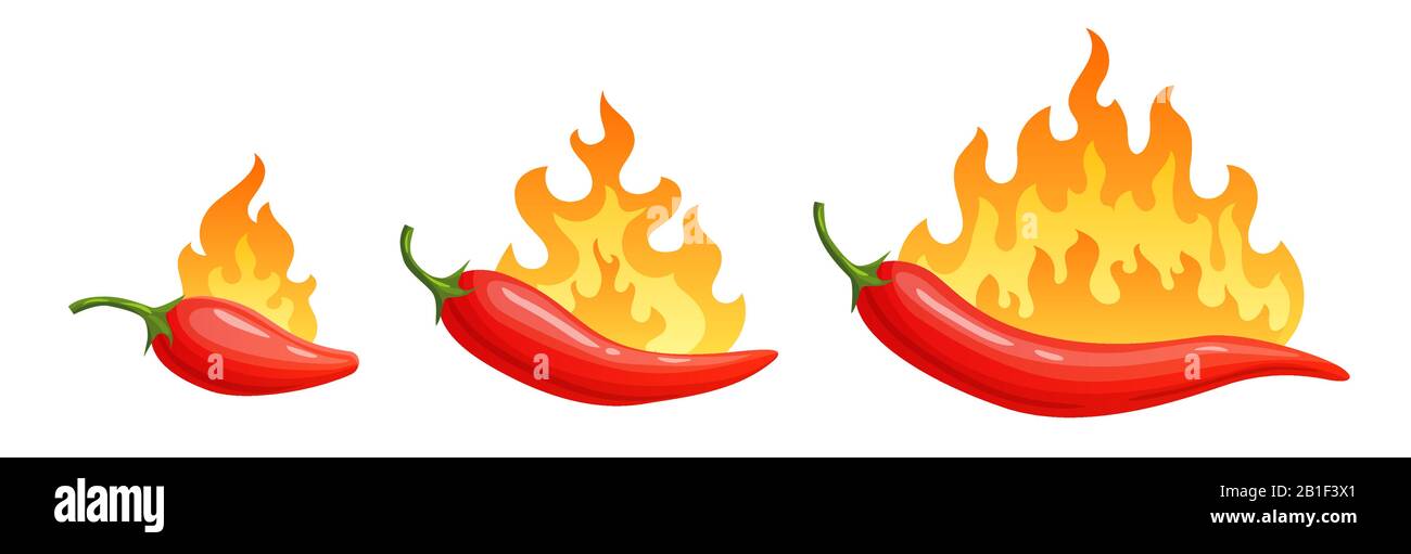 Peperoni caldi cartoni animati. Pepe piccante con fiamme e fiamme rosso peperoncino vettore icone set Illustrazione Vettoriale