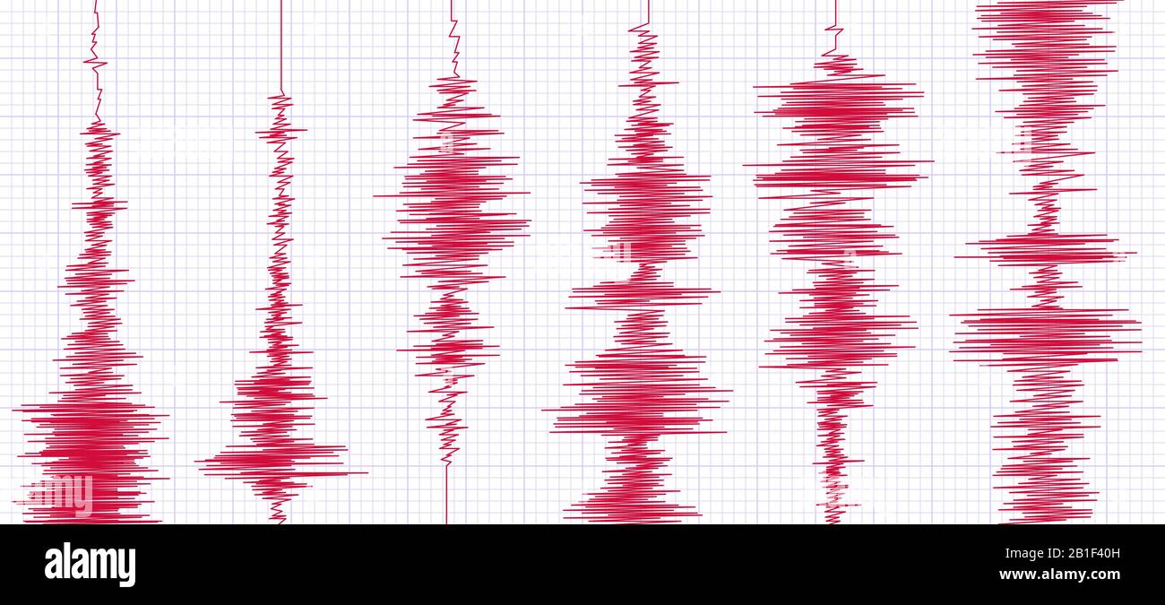 Grafico terremoto di Seismogram. Onde di oscilloscopio, forma d'onda di sismogrammi e grafici di attività sismica illustrazione vettoriale Illustrazione Vettoriale