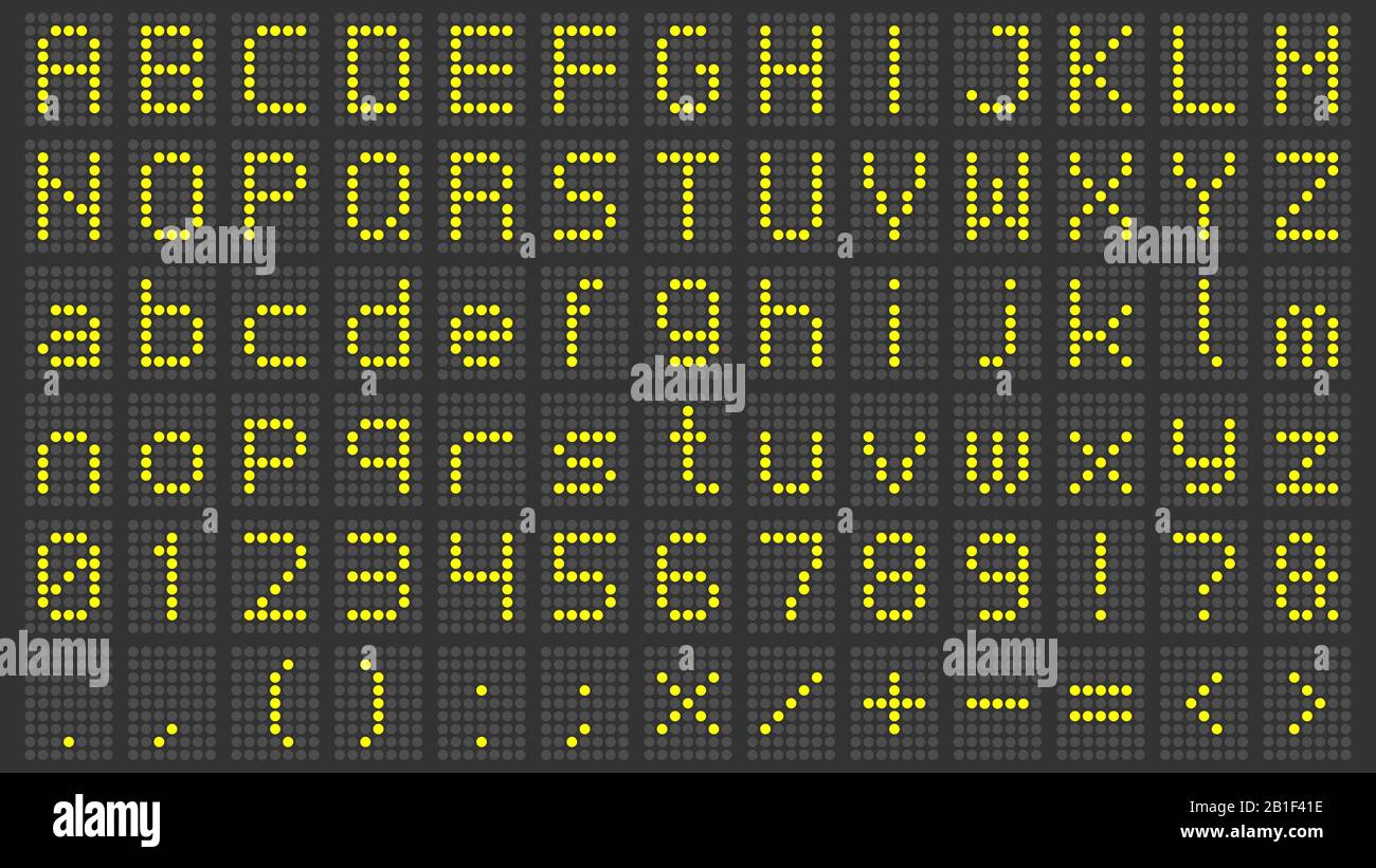Carattere del display a LED. Tabellone digitale alfabeto, numeri di segni elettronici e schermo elettrico per l'aeroporto lettere vettore set Illustrazione Vettoriale