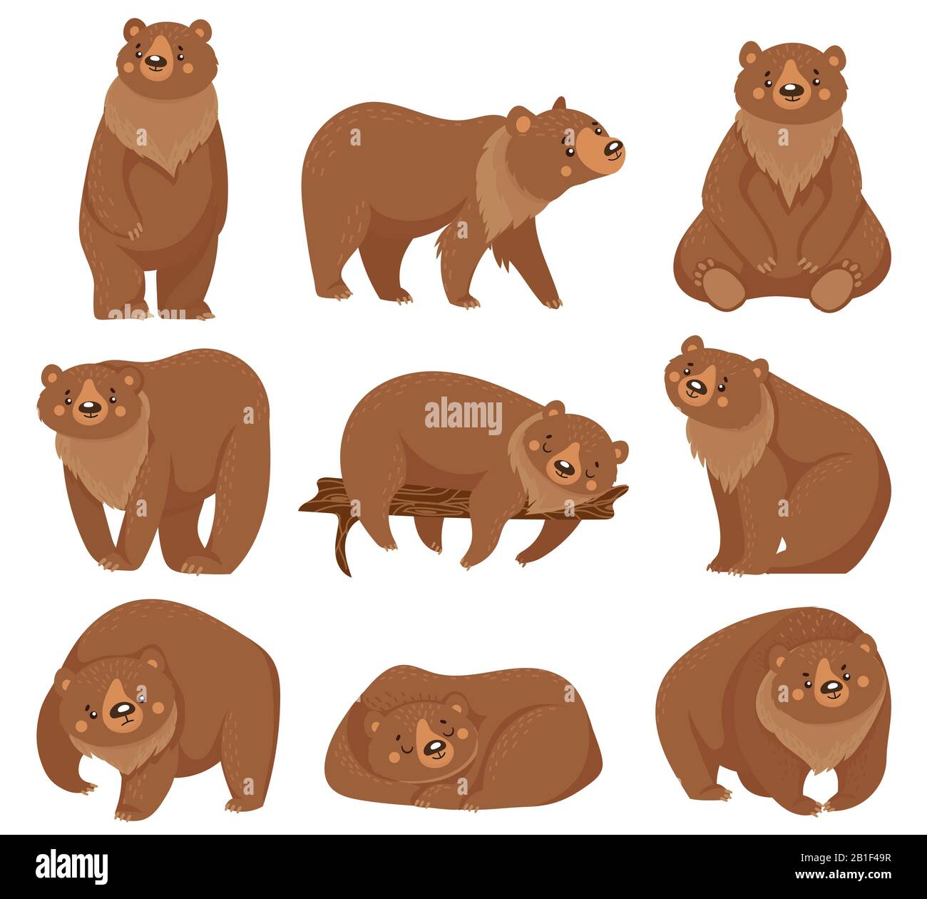 Orso bruno del cartone animato. Orsi grizzly, natura selvaggia foresta predatori animali e seduto orso isolato vettore illustrazione Illustrazione Vettoriale