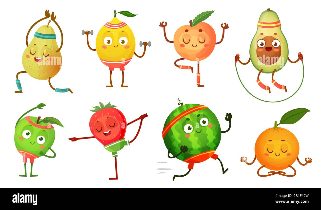 Personaggi di frutta yoga. Frutta in esercizi di fitness pose, cibo di benessere e divertente sport frutta cartone animato vettore illustrazione set Illustrazione Vettoriale