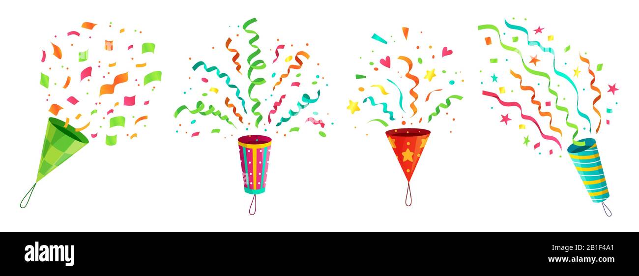 Festa confetti popper. Esplosione compleanno celebrazione confetti poppers e volare congratulazioni nastri vettore fumetto set Illustrazione Vettoriale