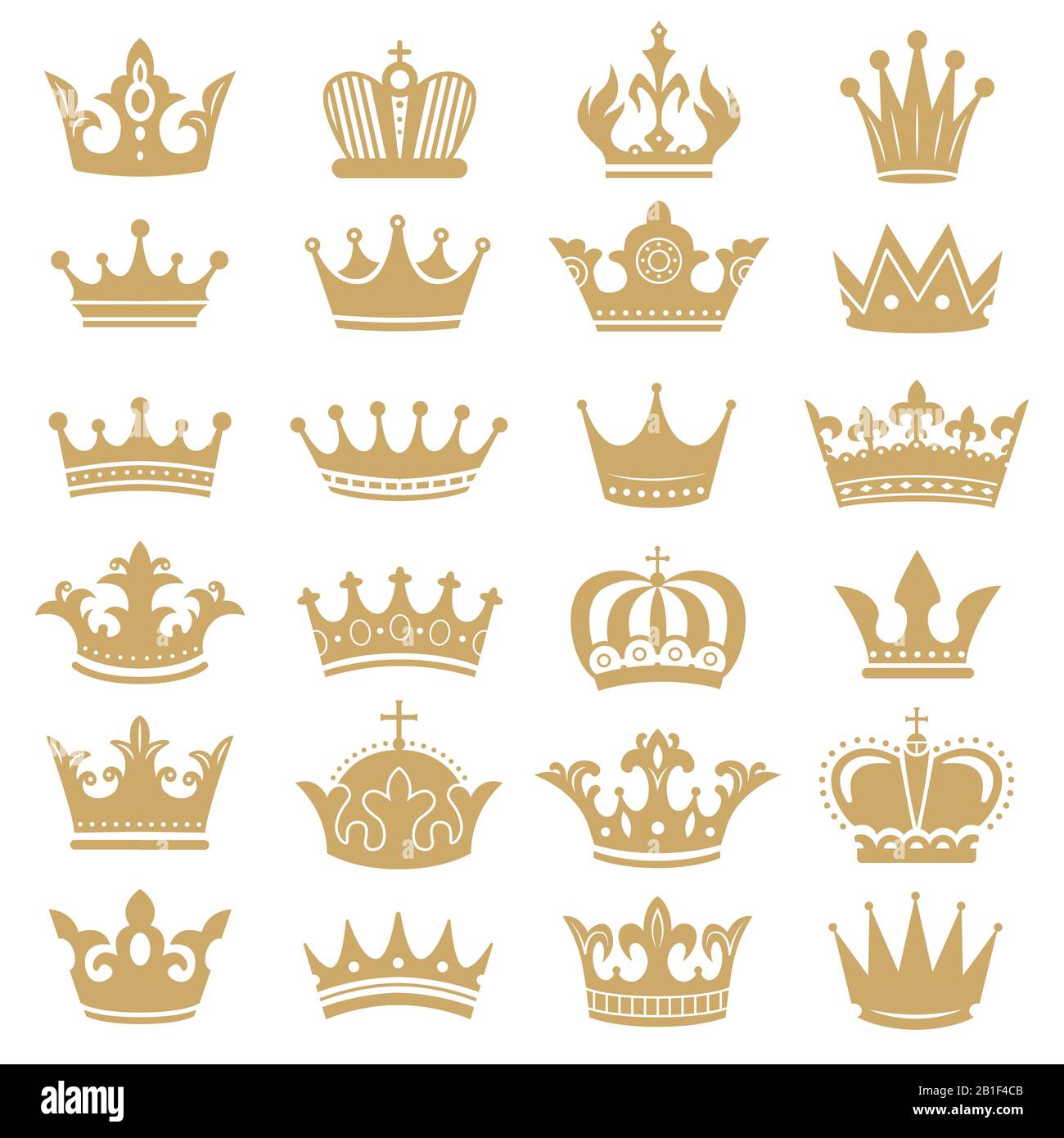 Silhouette a corona dorata. Corone reali, incoronazione re e lusso regina tiara silhouette icone vettore set Illustrazione Vettoriale