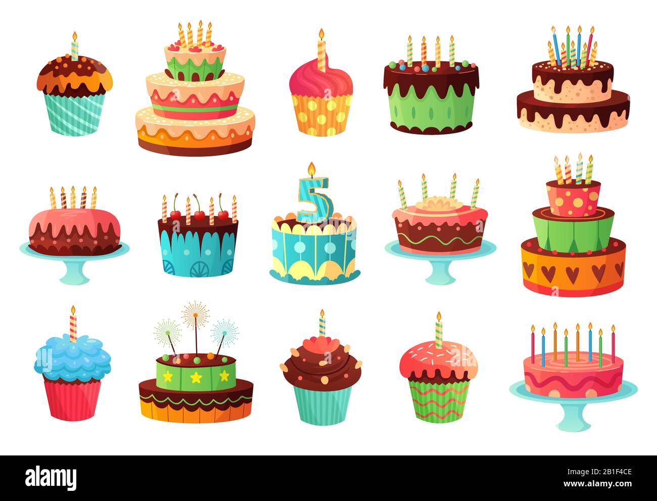 Torte di festa di compleanno del cartone animato. Dolce torta al forno, cupcake colorati e torta di celebrazione vettore illustrazione set Illustrazione Vettoriale