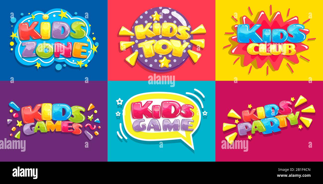 Poster per club per bambini. Giocattoli zona di gioco divertente, giochi per bambini festa e area di gioco poster vettore illustrazione set Illustrazione Vettoriale