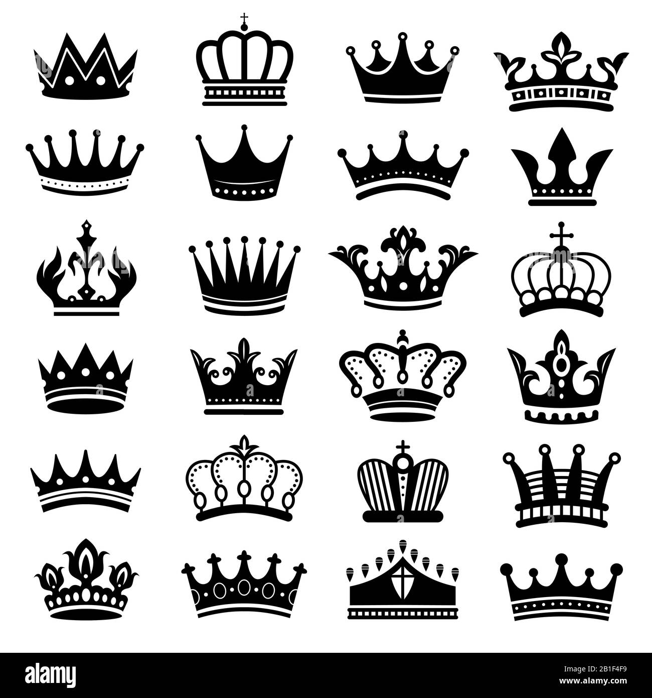 Royal Crown silhouette. Corona del re, corona maestosa e set vettori di silhouette di lusso tiara Illustrazione Vettoriale