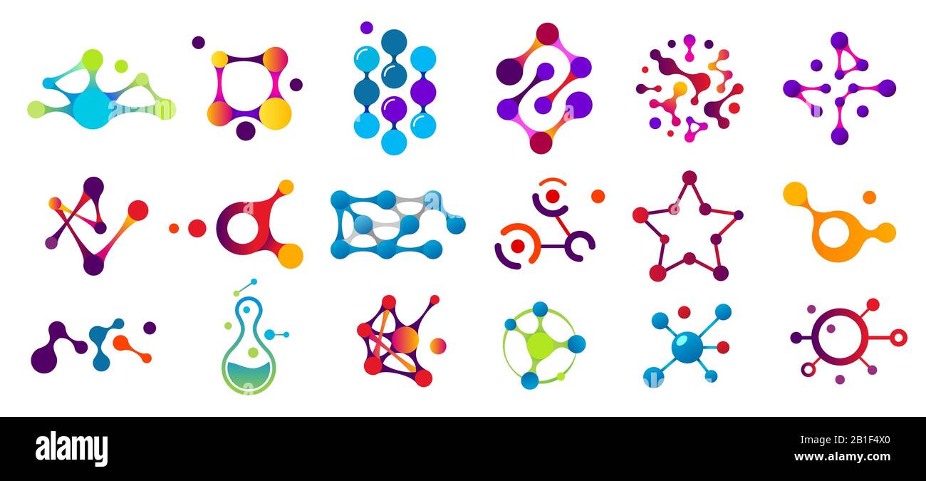 Molecole connesse. Modello di connessione a molecola, particelle chimiche e set di vettori piatti isolati a struttura molecolare a colori Illustrazione Vettoriale