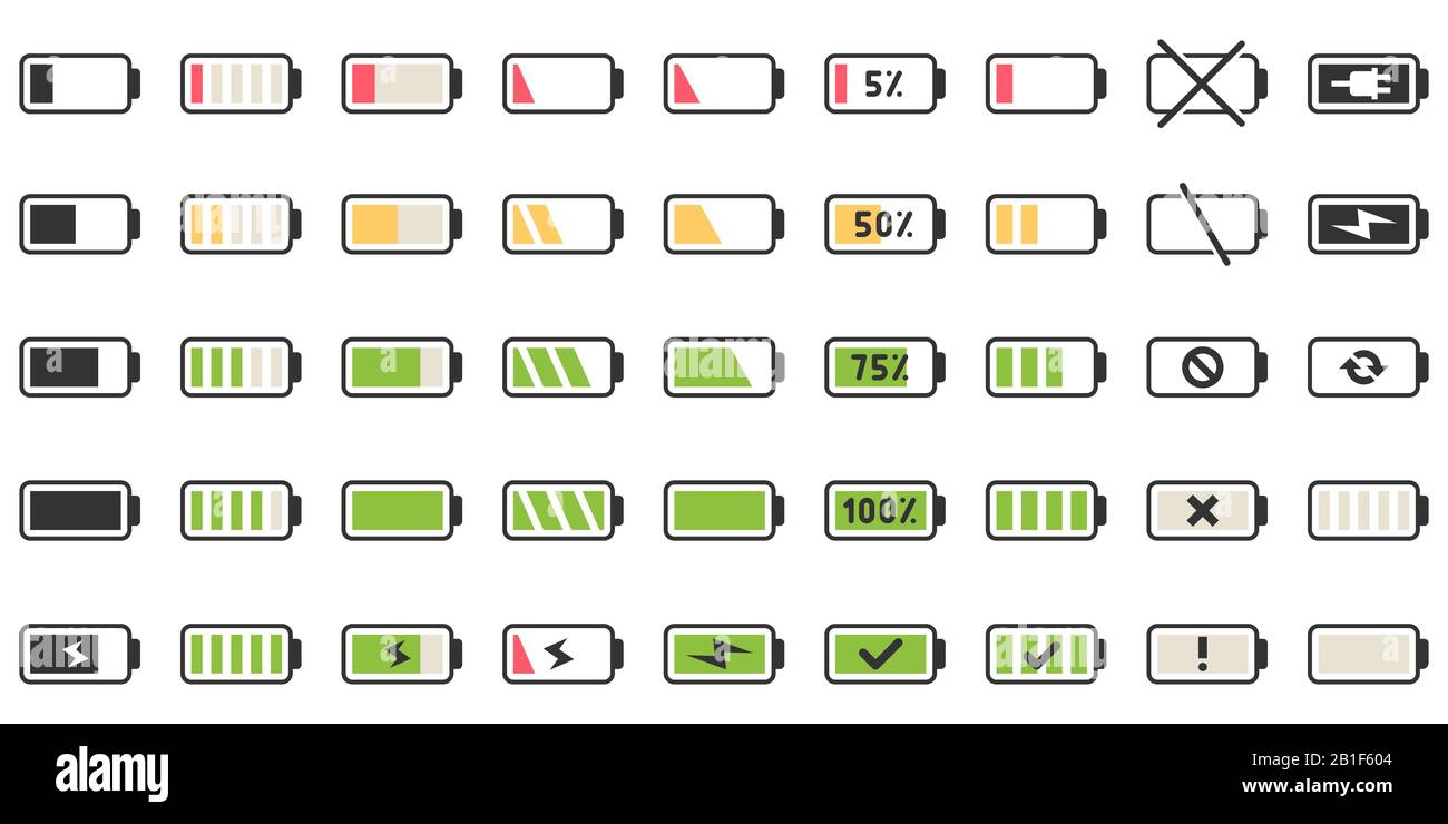 Icone di carica della batteria. Indicatore di alimentazione, ricarica di batterie scariche e set di illustrazioni vettoriali con icone di batteria scarica Illustrazione Vettoriale