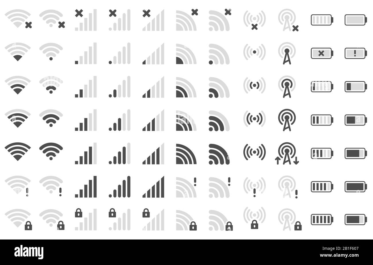 Icone della barra del telefono cellulare. Livello di carica della batteria dello smartphone, icona della potenza del segnale wifi e livello di connessione di rete, impostazione vettore pittogramma Illustrazione Vettoriale