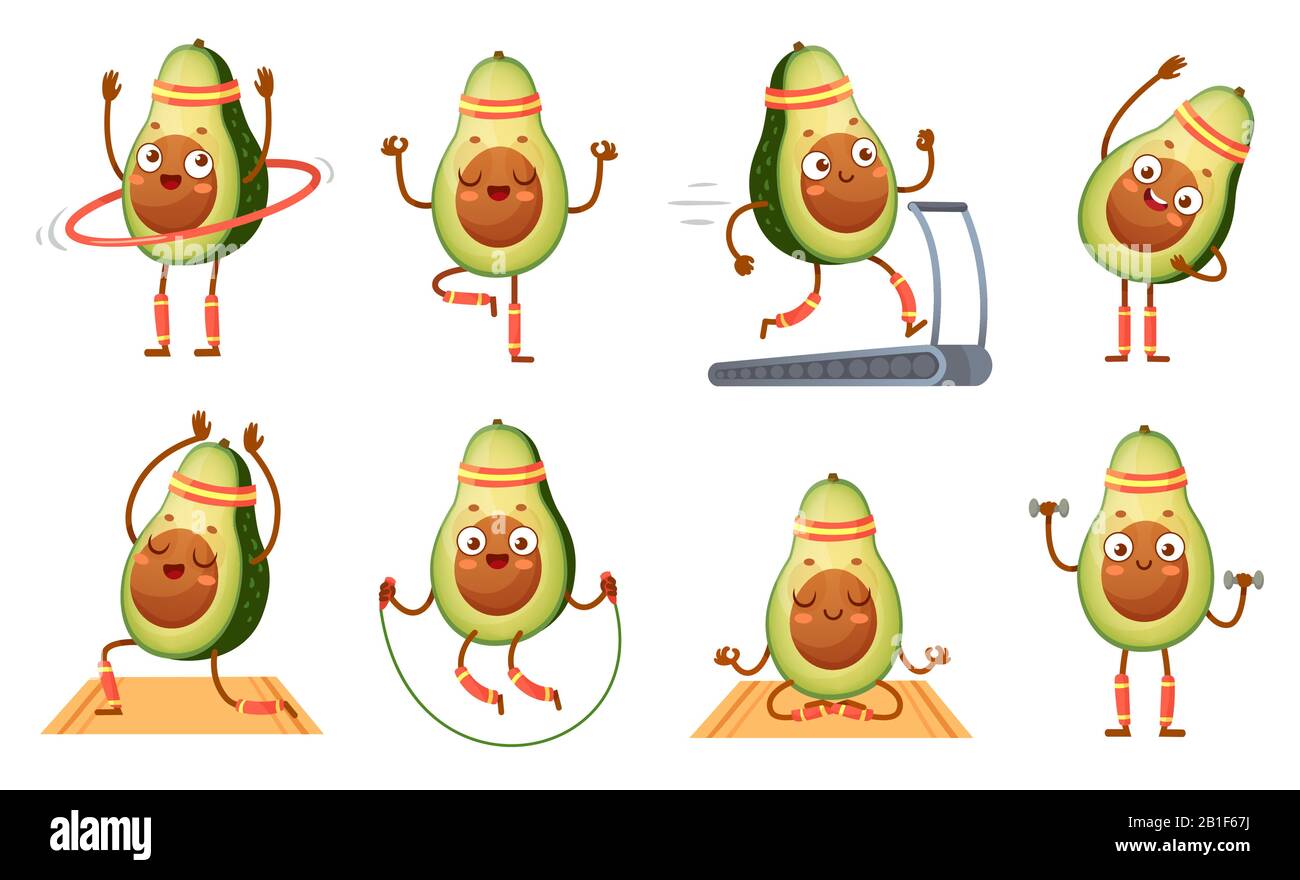 Cartoon avocado personaggio fitness. Avocado divertente in pose yoga, cardio palestra e vegetariano sport cibo mascotte vettore illustrazione set Illustrazione Vettoriale