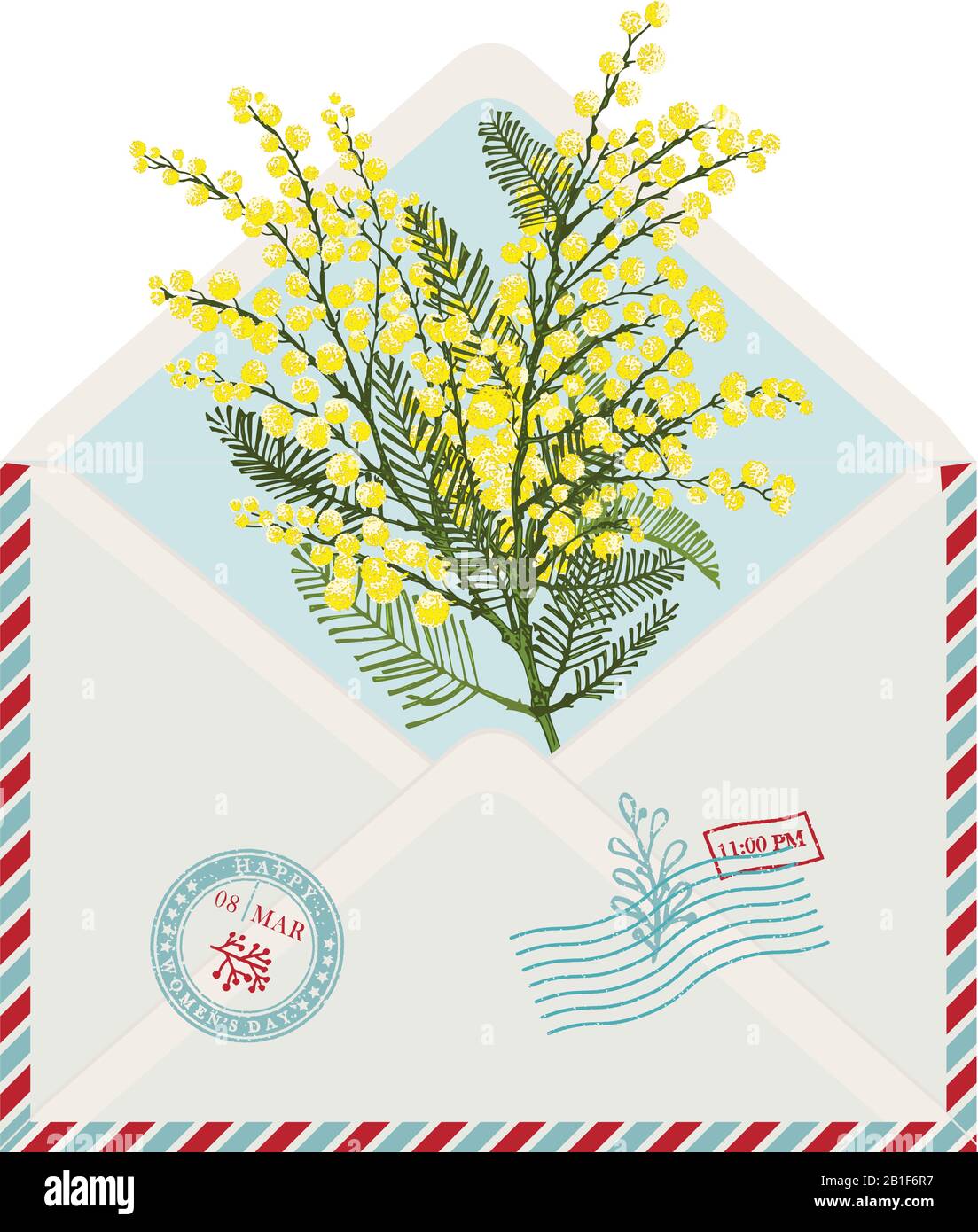 Modello di vintage post carta busta con disegno a mano ramo di mimosa fiore giallo. Texture grunge 8 marzo gomma timbro Luogo per il vostro Illustrazione Vettoriale