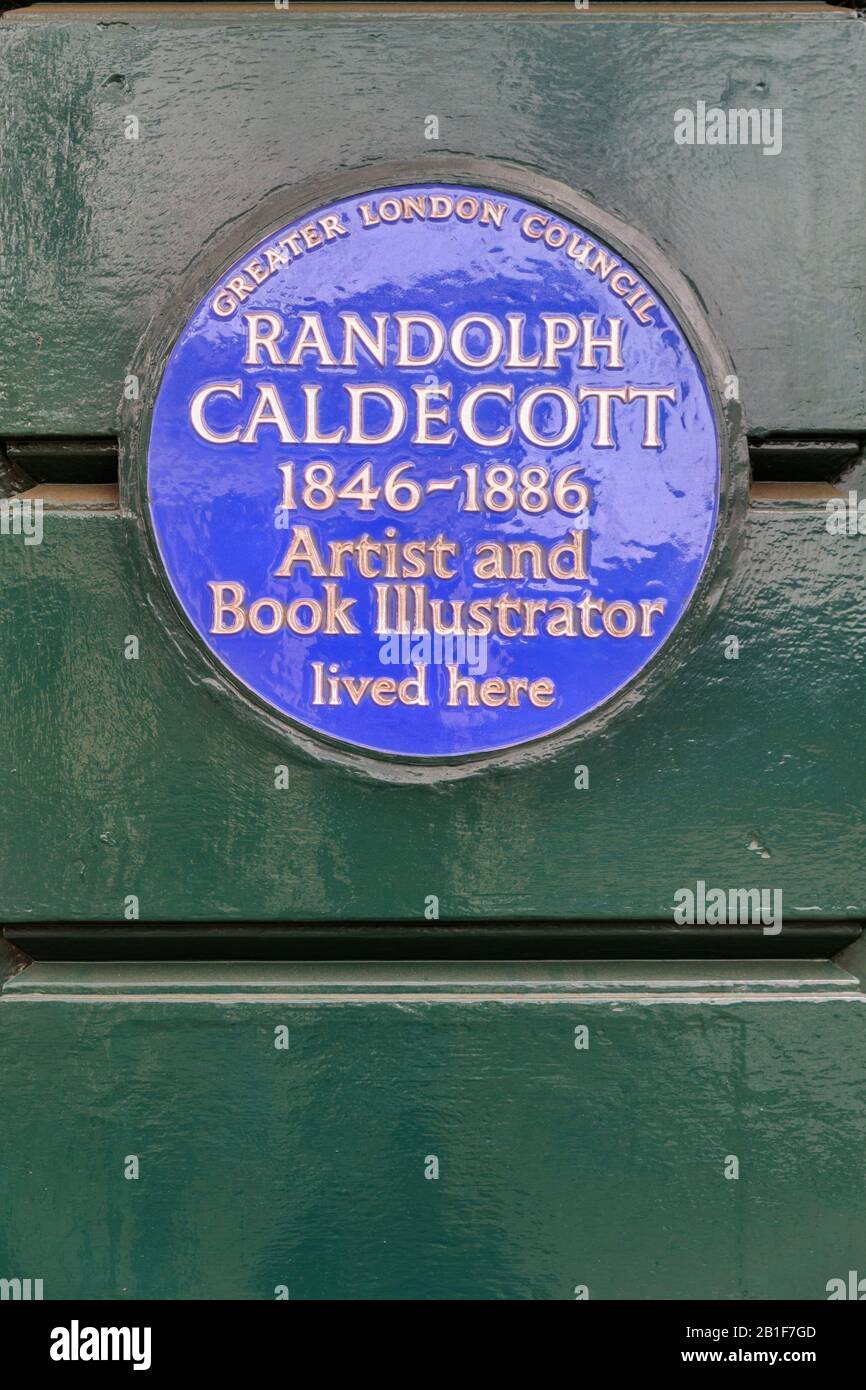 Targa blu per Randolph Caldecott, artista e illustratore di libri, targa commemorativa a Bloomsbury, Londra, Regno Unito Foto Stock