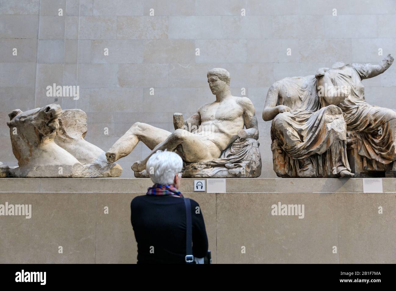 Un visitatore osserva i marmi del Partenone, le statue del Pediment orientale, note anche come marmi di Elgin al British Museum, Parthenon Gallery, Londra, Ing Foto Stock