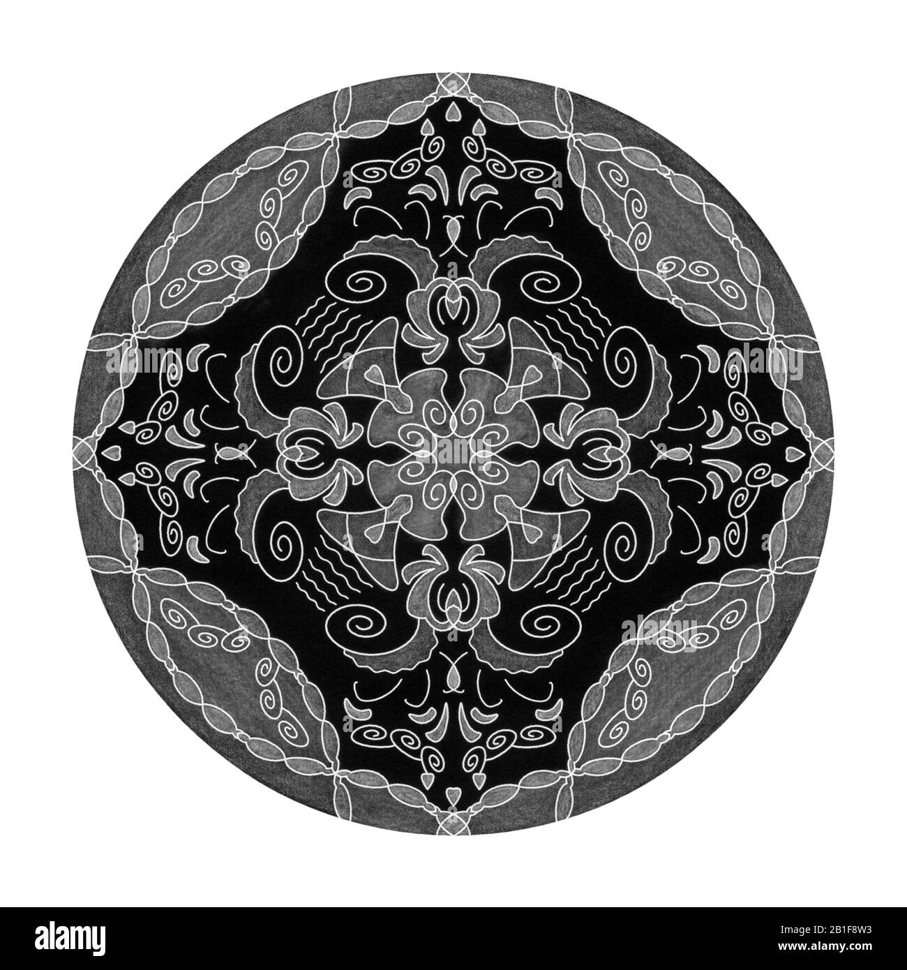 Effetti matita colorati. Illustrazione mandala nero, bianco e grigio. Cuore, spirale, uccello e flower.Abstract. Elemento decorativo. Foto Stock