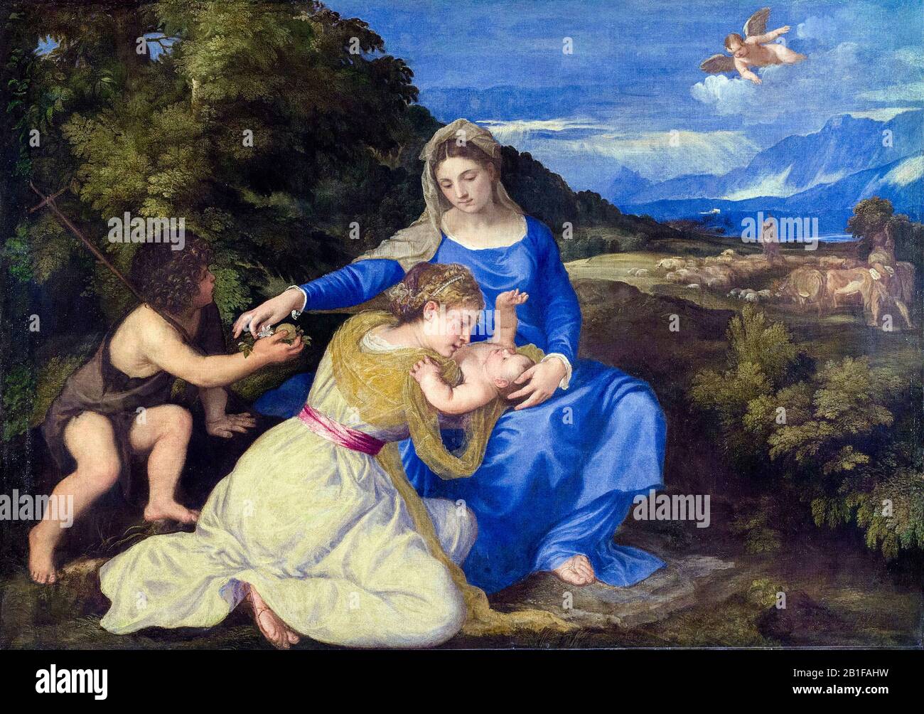 La Madonna Aldobrandini, la Vergine col Bambino con il Bambino San Giovanni  e un santo o Donatore femminile, dipinto da Tiziano, 1530 Foto stock - Alamy