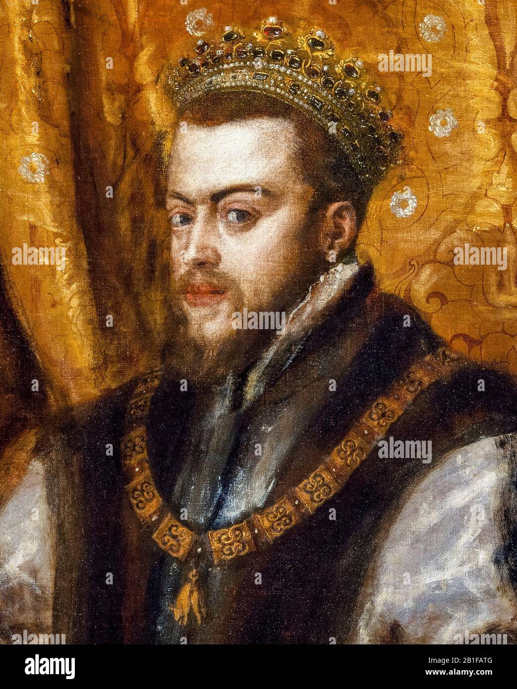 Re Filippo II di Spagna (1527-1598), ritratto dipinto dettaglio di Tiziano, 1545-1556 Foto Stock
