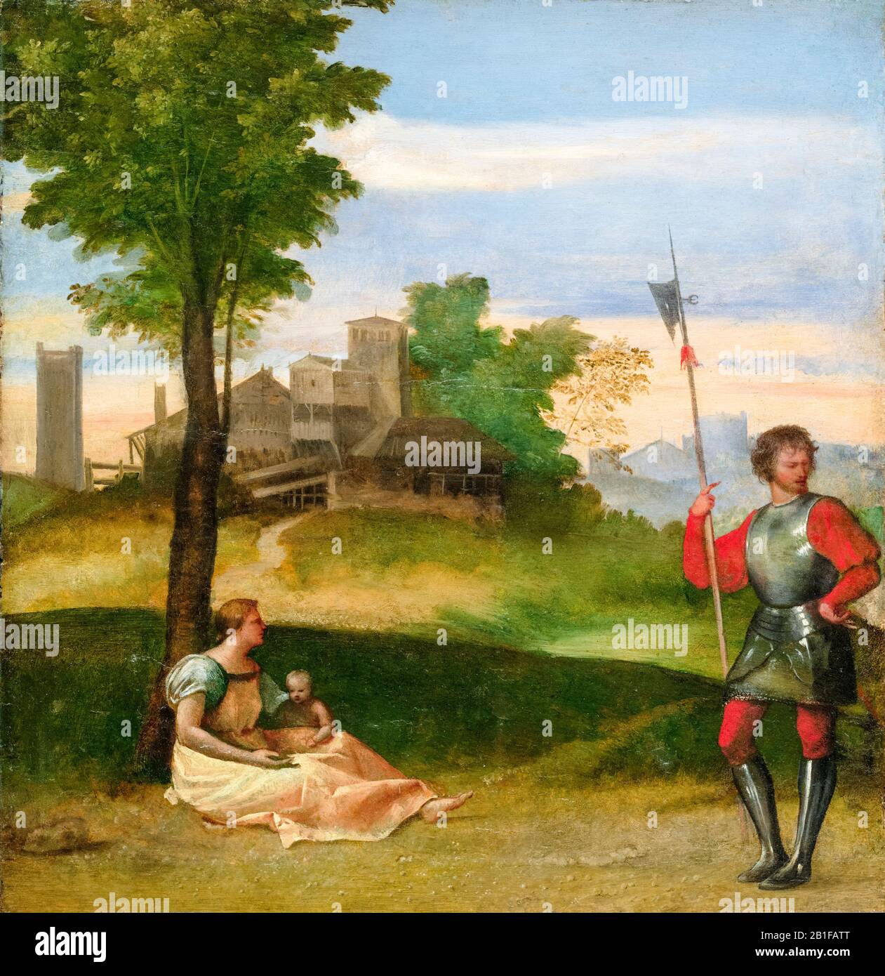 Tiziano, Tiziano Vecellio, un Idyll: Una madre e un alberdiere in un paesaggio boscoso, pittura ad olio su tavola, circa 1505-1510 Foto Stock