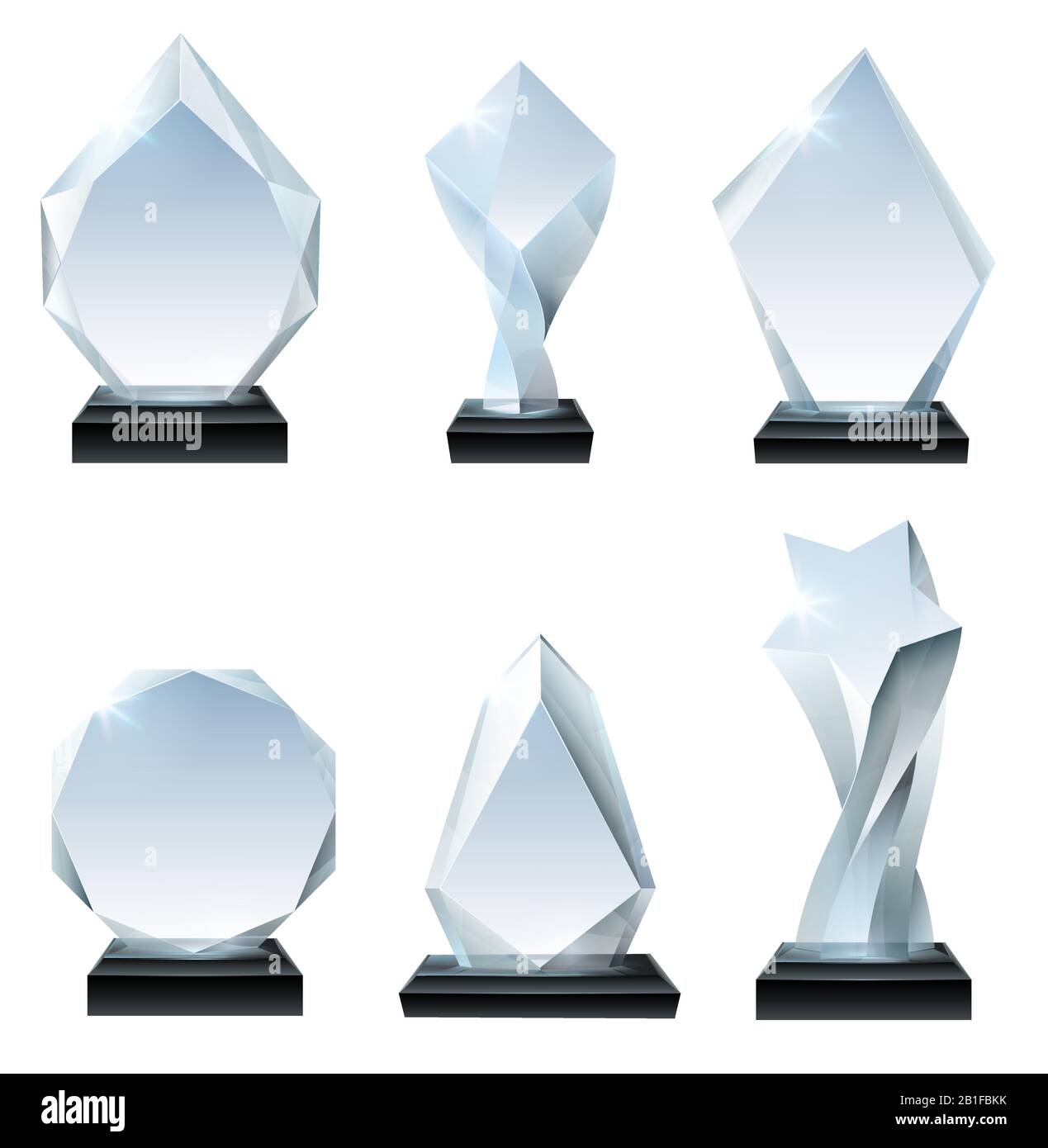 Premio trofeo in vetro. Premi in acrilico, trofei di forma cristallina e vincitore premio tavola vetroso trasparente realistico vettore set Illustrazione Vettoriale