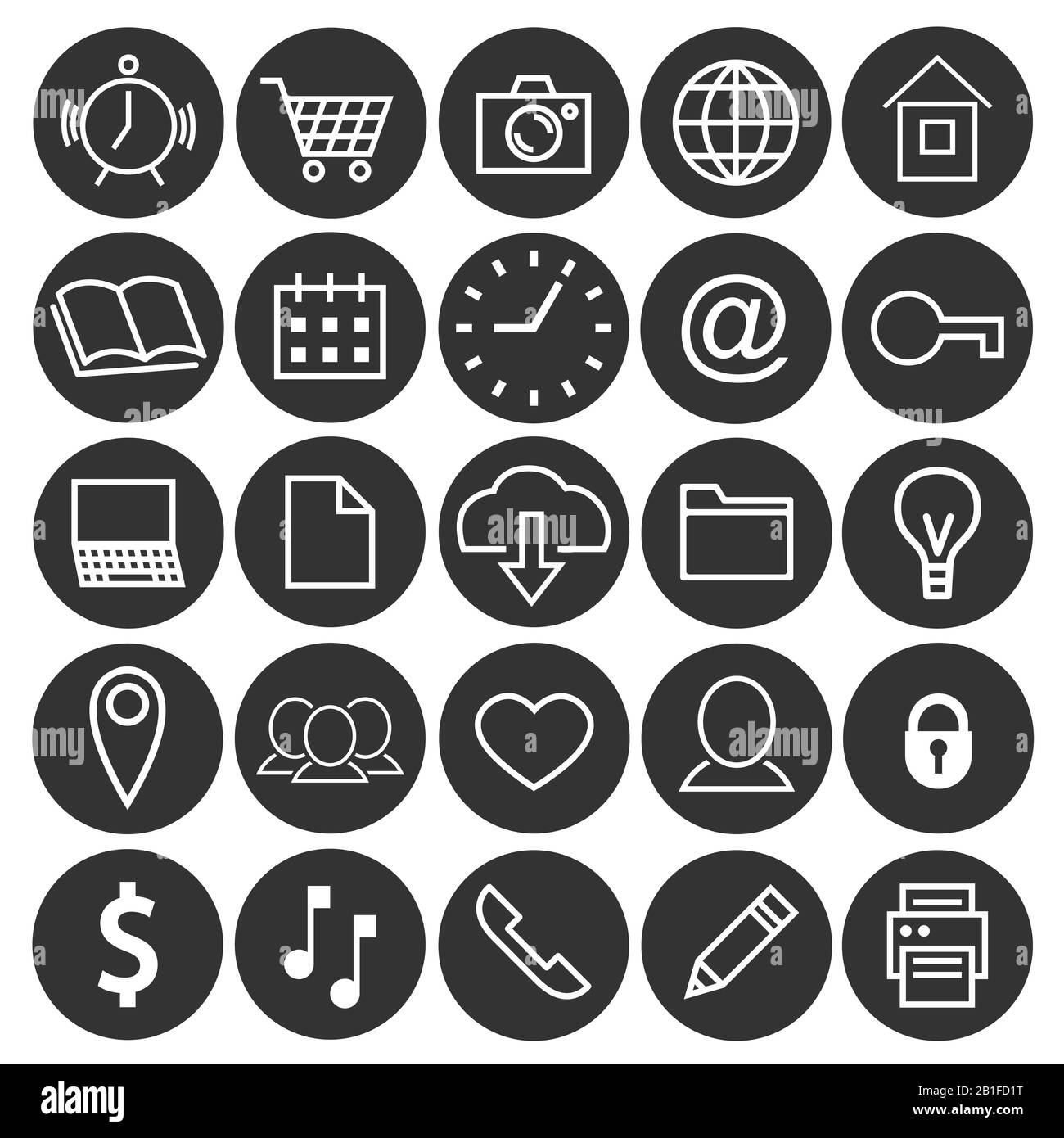 Set di icone nere per ufficio. Sul tema del computer, della comunicazione, della stampa e altro ancora. Venticinque elementi isolati da vettori. Illustrazione Vettoriale