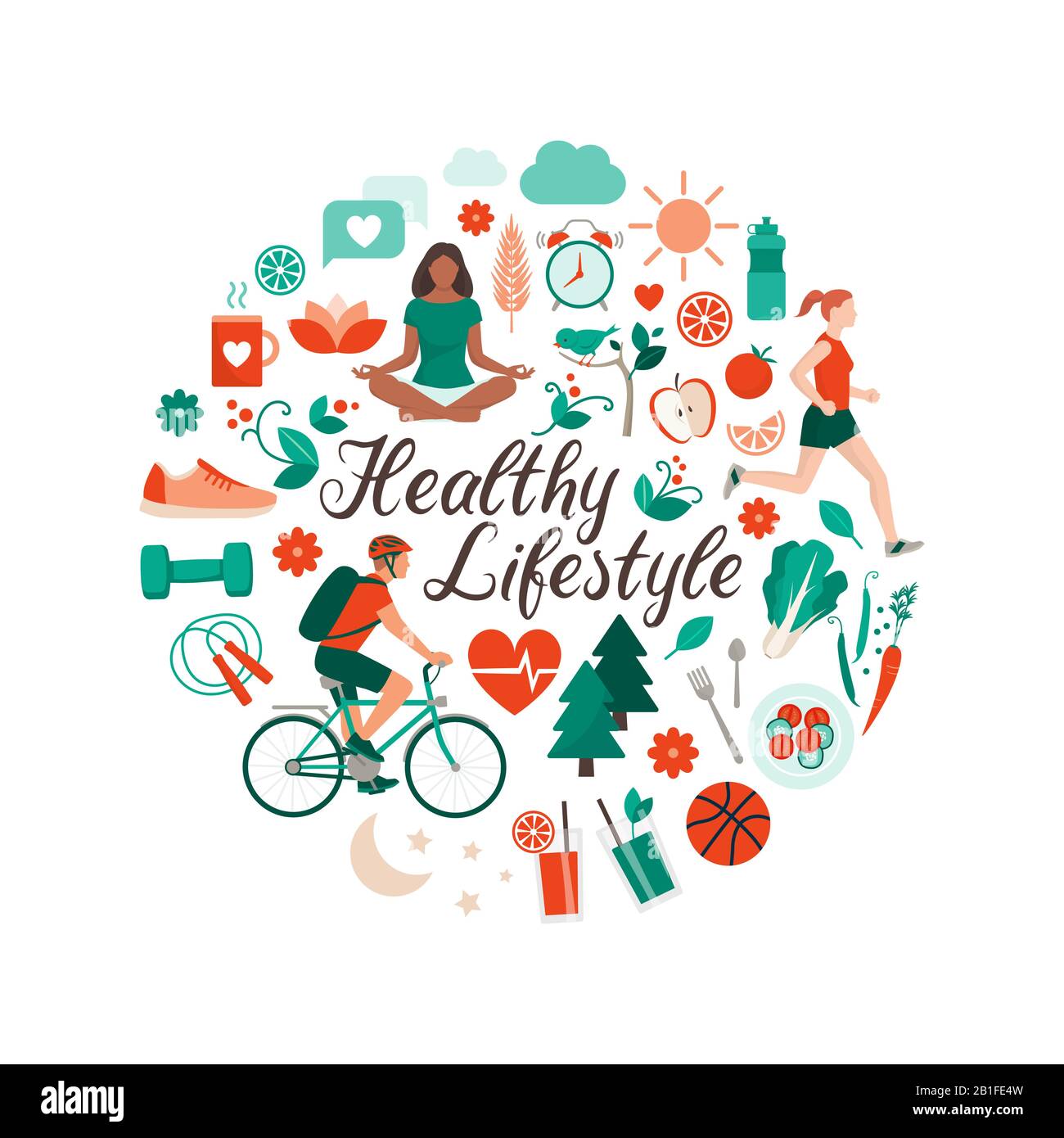 Stile di vita sano e concetto di auto-cura con icone di cibo, sport e natura disposte in una forma circolare Illustrazione Vettoriale