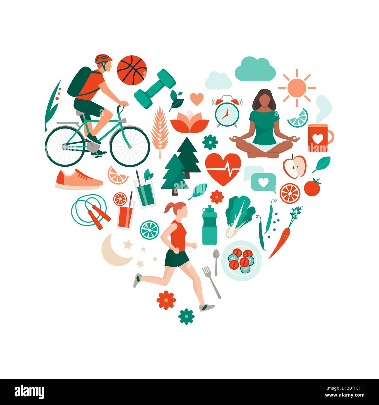 Stile di vita sano e concetto di auto-cura con icone di cibo, sport e natura disposte a forma di cuore Illustrazione Vettoriale