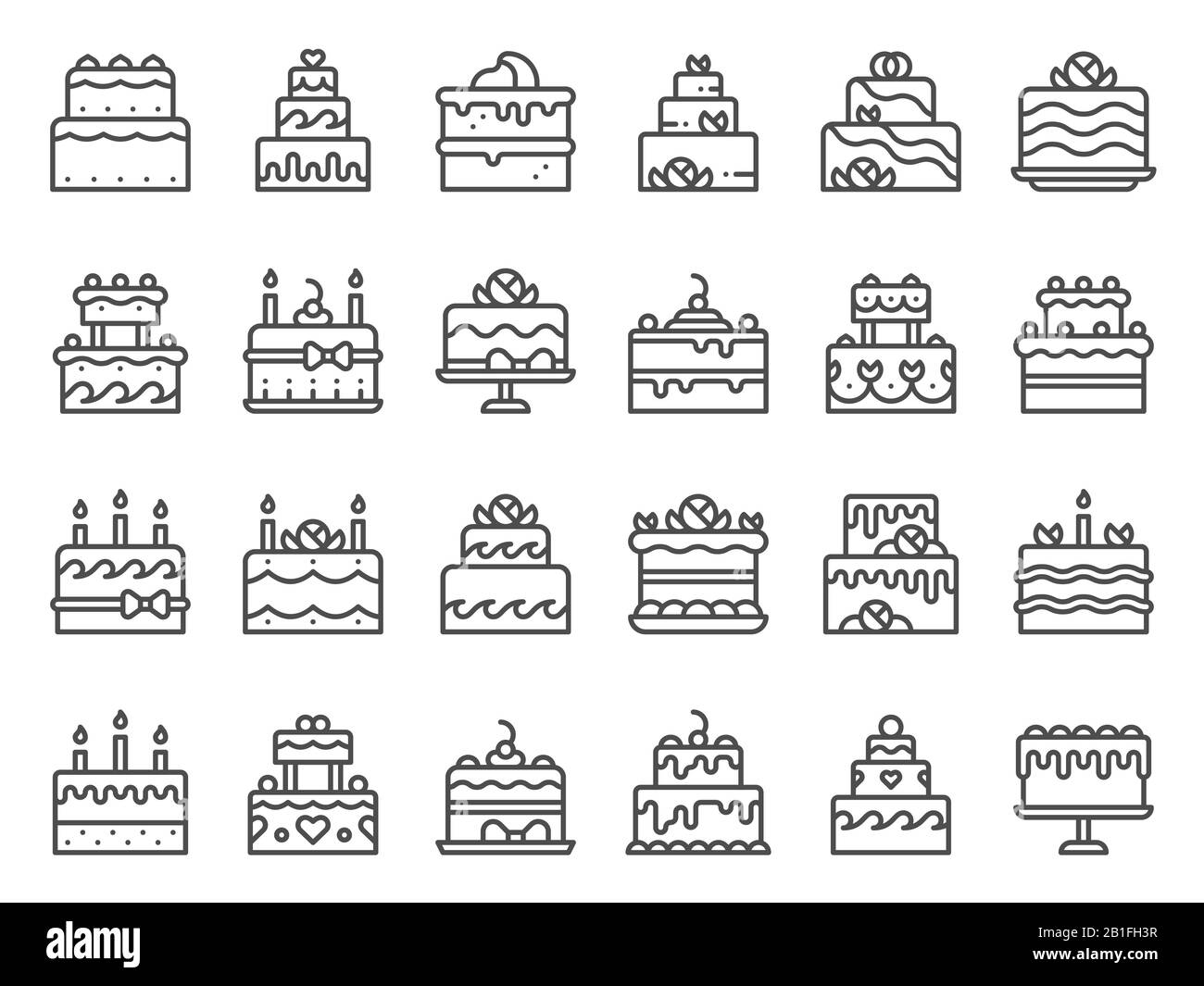 Icone della torta di contorno. Dolce cupcake, dolce fatto in casa con candele e panetteria deliziose torte linea arte vettore icona set Illustrazione Vettoriale