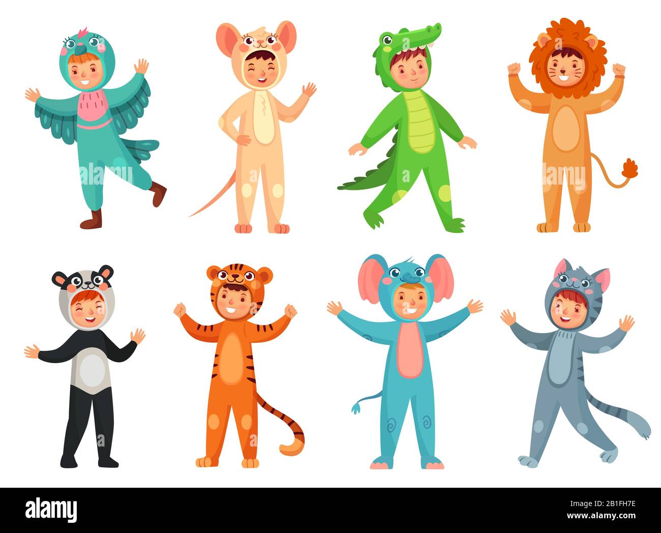 Cartoni animati baby costumi animali. Ragazza carina in costume da panda, ragazzino in abito a elefante e bambini partito mascotte vettore illustrazione set Illustrazione Vettoriale