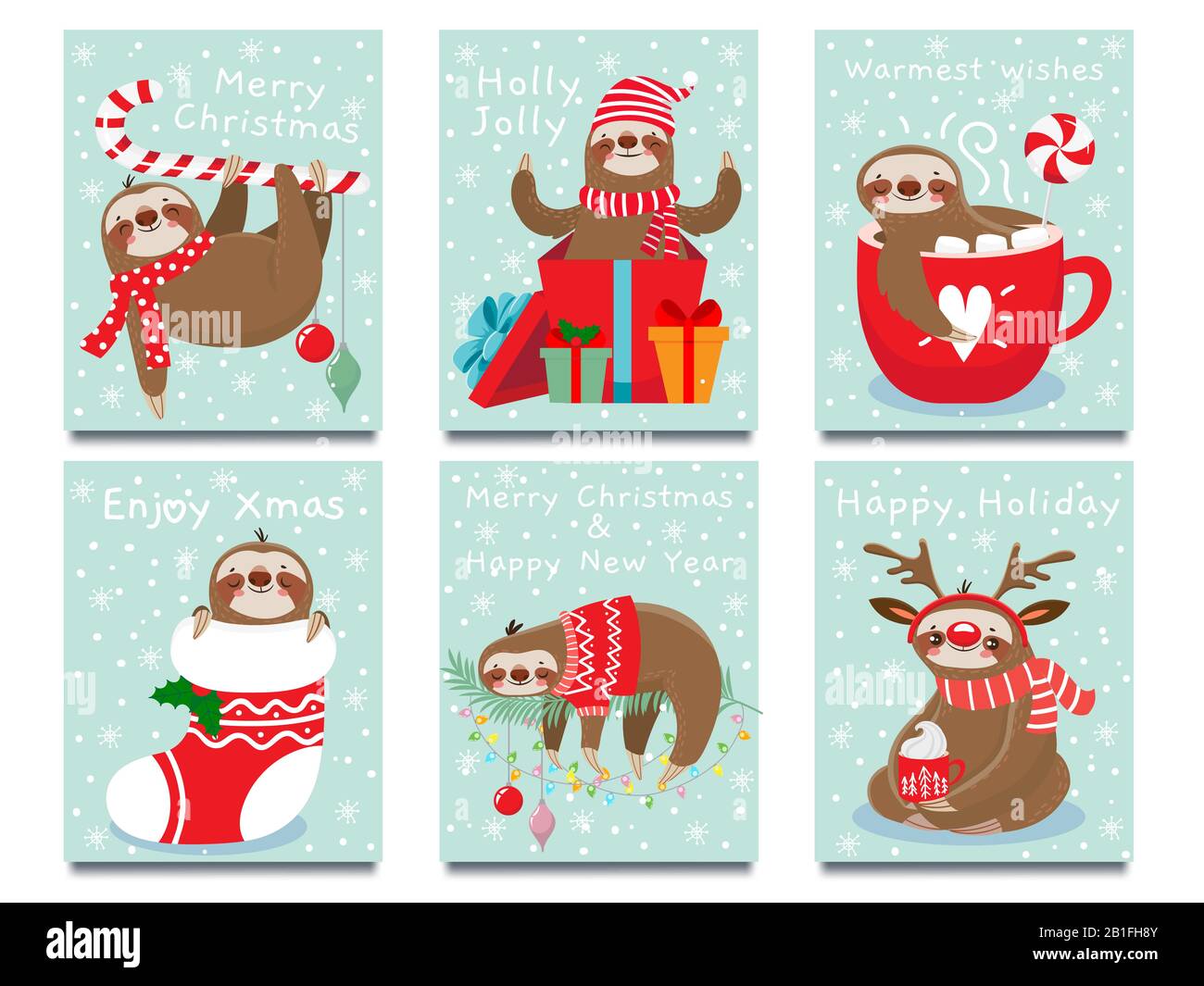 Buon Natale pigro sloth. Felice anno nuovo cute lazybones, pigrizia xmas e vacanze invernali saluto vettore illustrazione Illustrazione Vettoriale