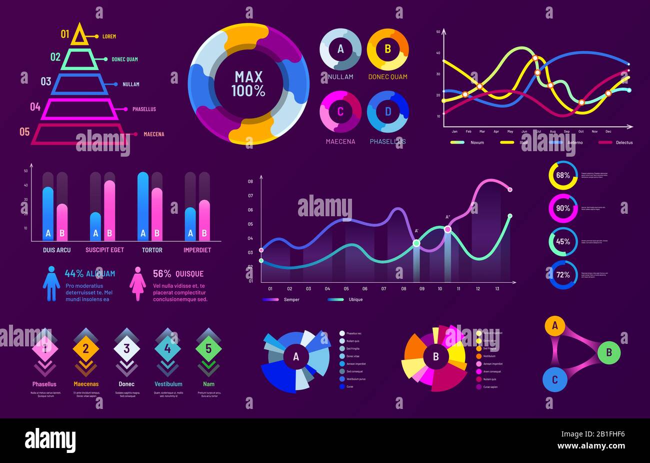 Grafico infografico. Grafici a diagramma, grafici di analisi dei dati e grafici di percentuale delle statistiche insieme di illustrazioni vettoriali Illustrazione Vettoriale