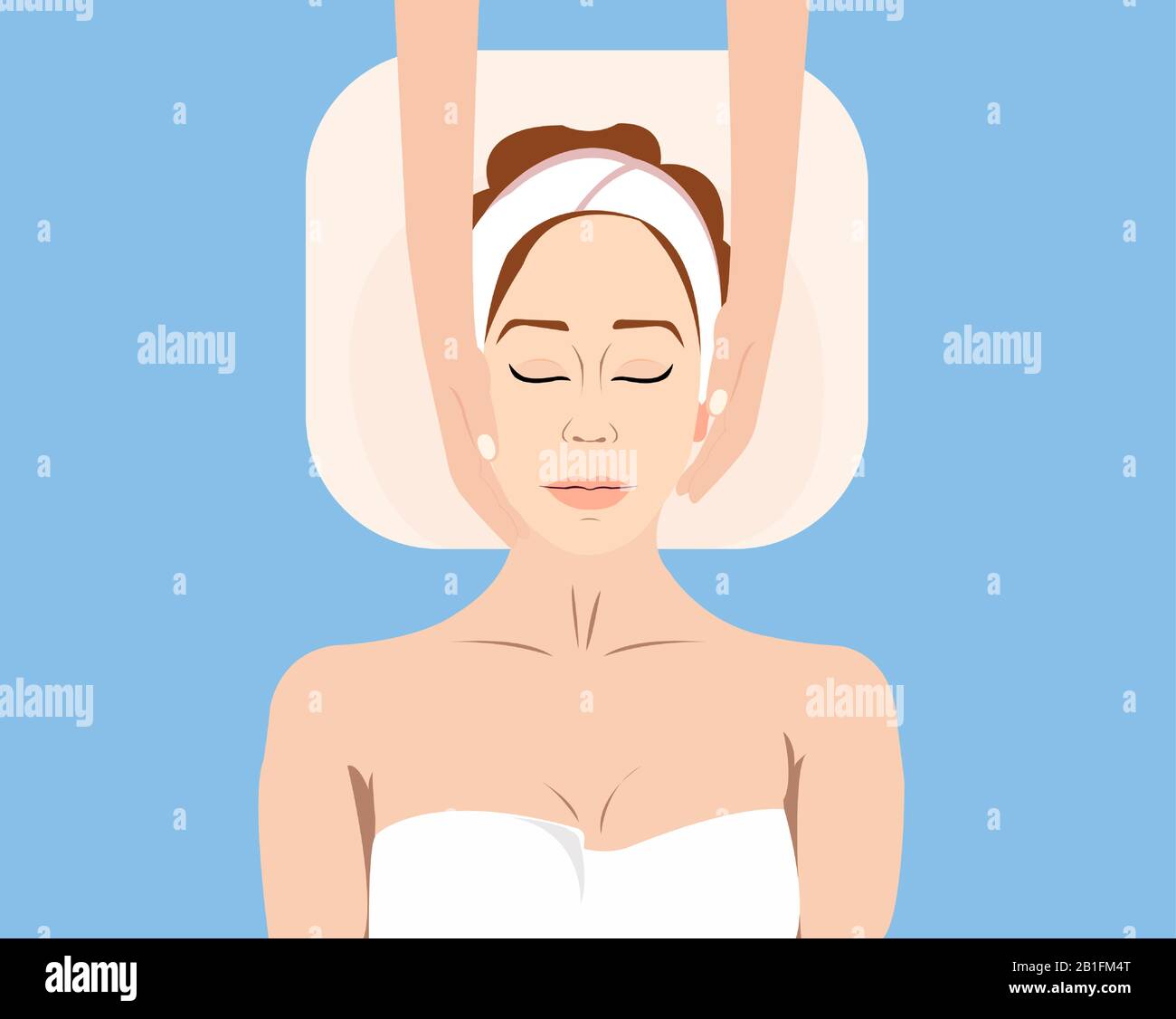 Vettore di una bella donna ottenere un massaggio viso, trattamento spa al salone di bellezza. Illustrazione Vettoriale
