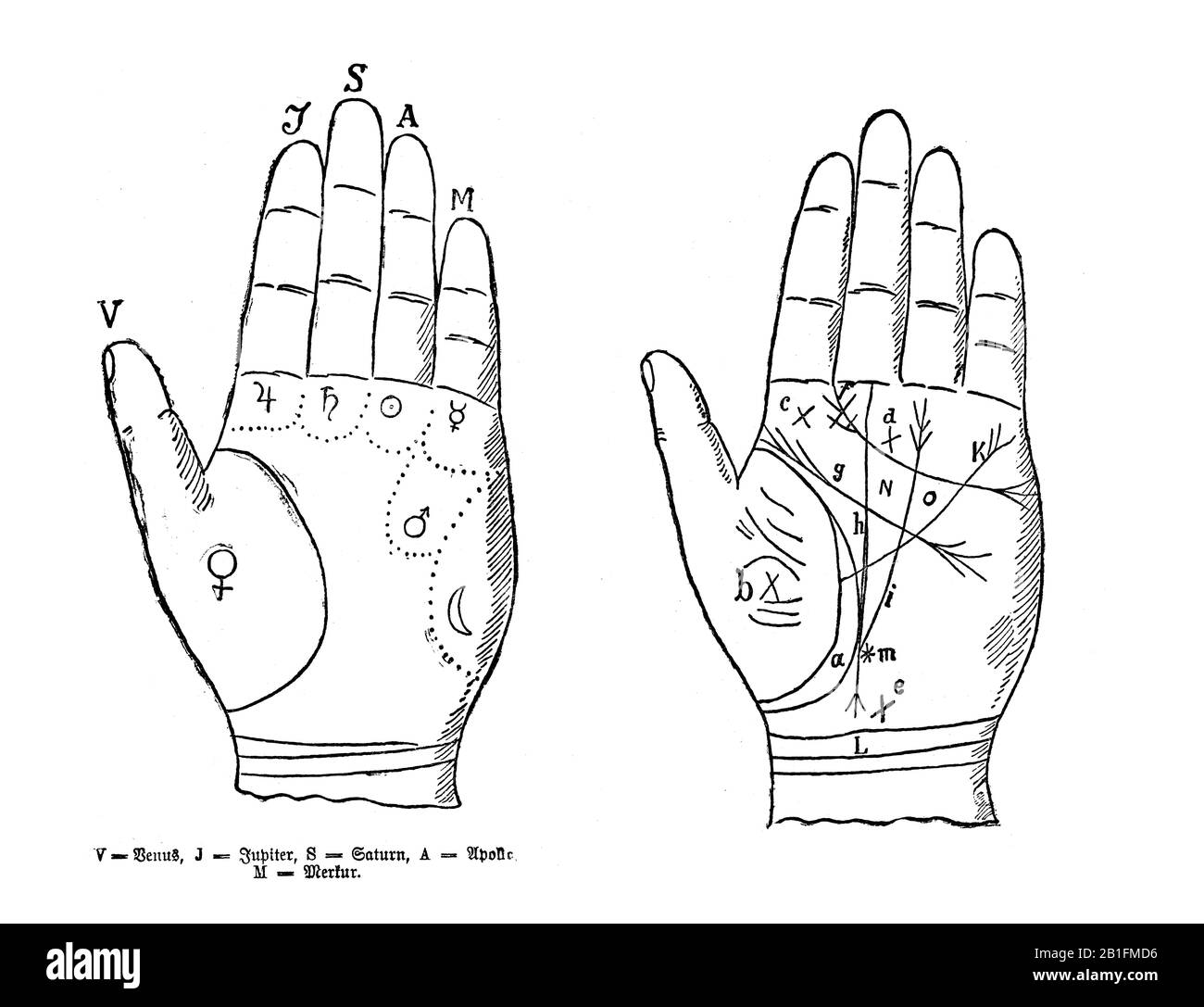 Palmistry, human Palm Reading, hand Prediction che analizza le linee di palma e montaggi chiamati dopo pianeti Foto Stock