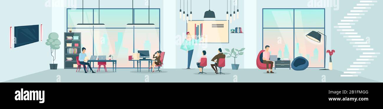 Vettore di un ambiente di lavoro creativo con spazi aperti e lavoro dei dipendenti Illustrazione Vettoriale
