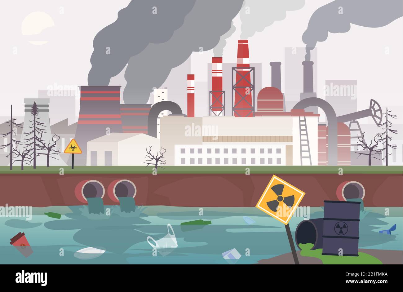 Vettore di una fabbrica di lavoro che inquinano aria, acqua e suolo versando sostanze chimiche tossiche di scarto nel fiume Illustrazione Vettoriale